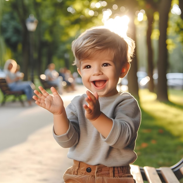 Gioioso bambino di un anno che batte le mani in un parco soleggiato all'inizio dell'estate