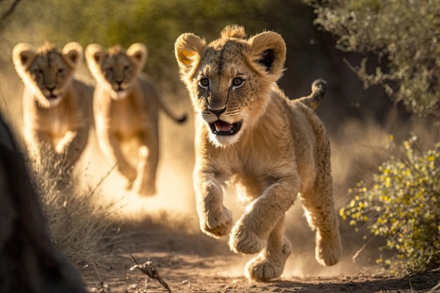 Gioioso cucciolo di leone che si diverte con i fratelli nella soleggiata savana che si libera dall'intelligenza artificiale generativa