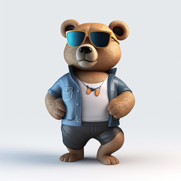 Gioioso ed elegante personaggio dell'orso 3D con abiti e occhiali da sole che indossano tutto il corpo su uno sfondo di intelligenza artificiale generativa