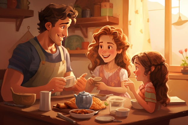 Gioioso legame familiare durante la colazione in cucina