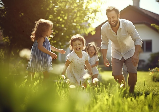 Gioioso legame familiare Momenti commoventi di bambini che giocano all'aperto con i propri cari Nessuna persona reale Generativo A