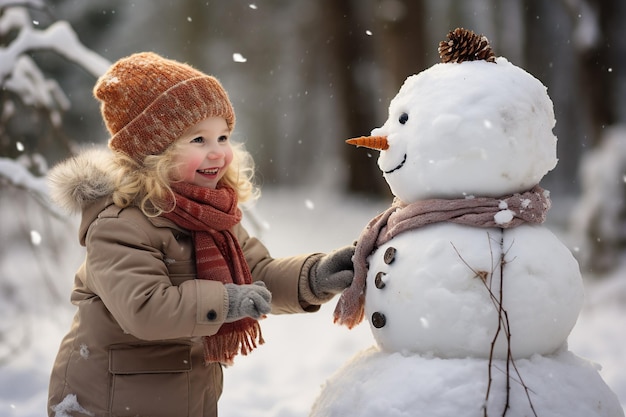 Gioioso pupazzo di neve Playtime Bambini che abbracciano le meraviglie invernali Ai generativa Nessuna persona reale