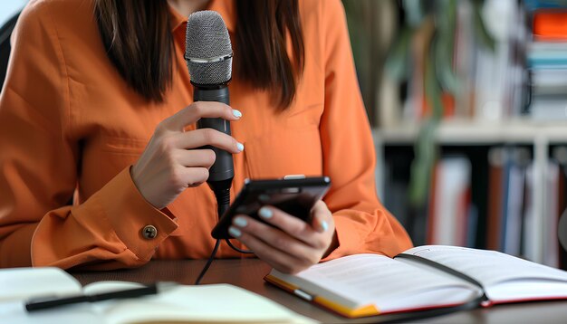 Giornalista con quaderno al microfono e telefono in primo piano in ufficio