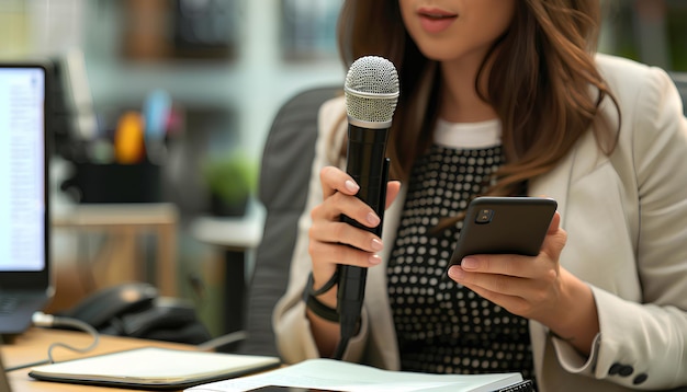 Giornalista con quaderno al microfono e telefono in primo piano in ufficio