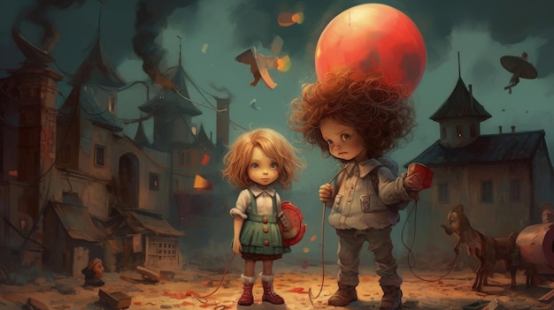 Giornata dei bambini Un dipinto di un ragazzo e una ragazza con un palloncino rosso davanti a una città in fiamme
