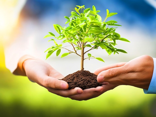 Giornata dell'ambiente della terra nelle mani degli alberi che crescono piantine sullo sfondo verde bokeh