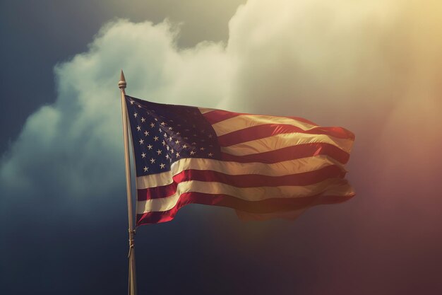 Giornata dell'Indipendenza degli Stati Uniti Celebra la bandiera nazionale su uno sfondo arcobaleno bianco nebbioso