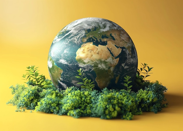 Giornata della Terra protezione dell'ambiente eco-cura ecologia futuro riciclaggio responsabilità salvare concetto illustrazione globo mondiale pianeta isolato su sfondo giallo