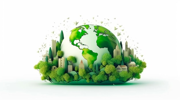 Giornata della terra verde su sfondo bianco isolato Cura dell'ambiente e dell'ecologia Risorse sostenibili, rinnovabili e verdi Generative AI