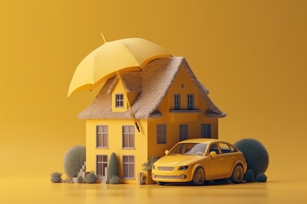Giornata di sole con un'auto gialla parcheggiata davanti a una casa colorata con un ombrello rosso nel cortile IA generativa