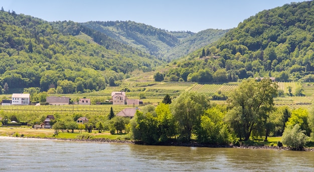 Giornata di sole di una piccola città nella valle di Wachau con il fiume Danubio in Austria