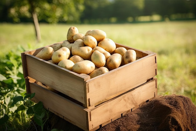 Giornata estiva con patate crude giovani in cassa di legno sul campo