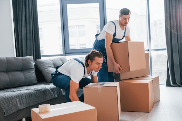 Giornata intensa Due giovani traslocatori in uniforme blu che lavorano all'interno della stanza