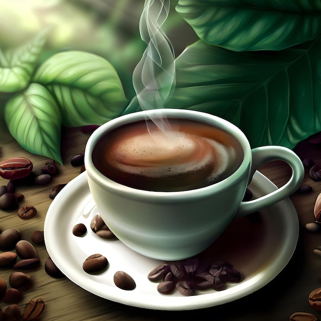 Giornata internazionale del caffè con caffè caldo e chicchi di caffè su un tavolo di legno