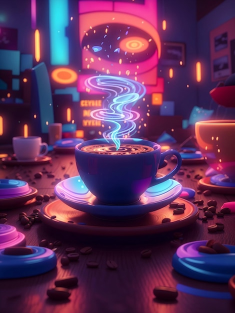 Giornata internazionale del caffè con effetti psichici con colori vivaci Stile animato 3D con neon