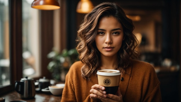 Giornata internazionale del caffè Giovane donna con una fragrante tazza di caffè