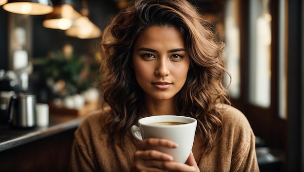 Giornata internazionale del caffè Giovane donna con una fragrante tazza di caffè