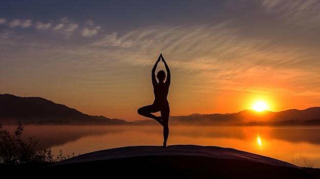 Giornata internazionale dell'illustrazione dello yoga delle donne sullo sfondo del sole in cima alla montagna AI generato