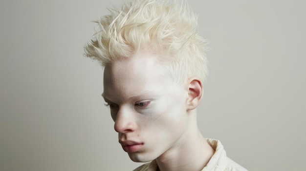 Giornata internazionale della consapevolezza dell'albinismo ritratto di un ragazzo albino di aspetto modello pelle pura bianca neve capelli corti sfondo chiaro