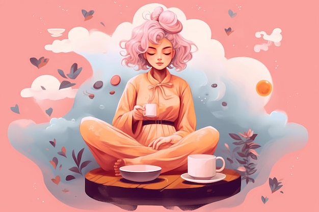 Giornata internazionale della cura di sé Una donna siede su un tavolo con una tazza di caffè tra le mani