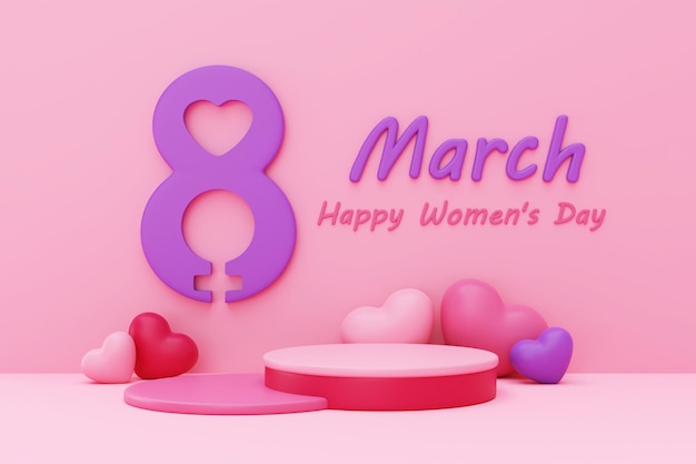 Giornata internazionale della donna 8 marzo Display sul podio con segno femminile e cuori su sfondo rosa Rendering 3d della Festa della mamma