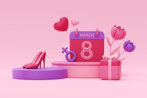 Giornata internazionale della donna 8 marzo Podio display con segno femminile scatola regalo cuori e fiori su sfondo rosa Festa della mamma rendering 3d