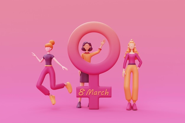 Giornata internazionale della donna 8 marzo Un gruppo di belle donne con diversa bellezza, capelli e colore della pelle, femminilità, diversità, festa della mamma, rendering 3d