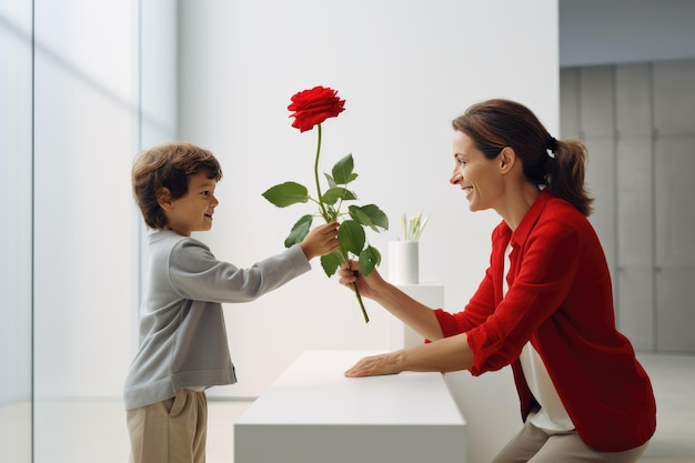 Giornata internazionale della donna Il figlio del bambino regala fiori rossi alla madre in vacanza a casa