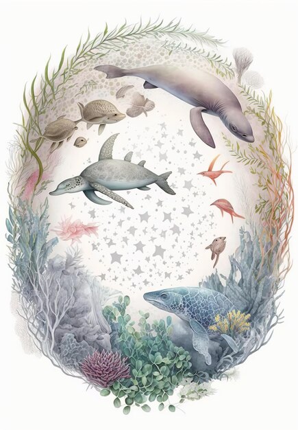 Giornata mondiale degli oceani Oceano subacqueo delfino squalo corallo piante del mare pastinaca e tartaruga AI Gen