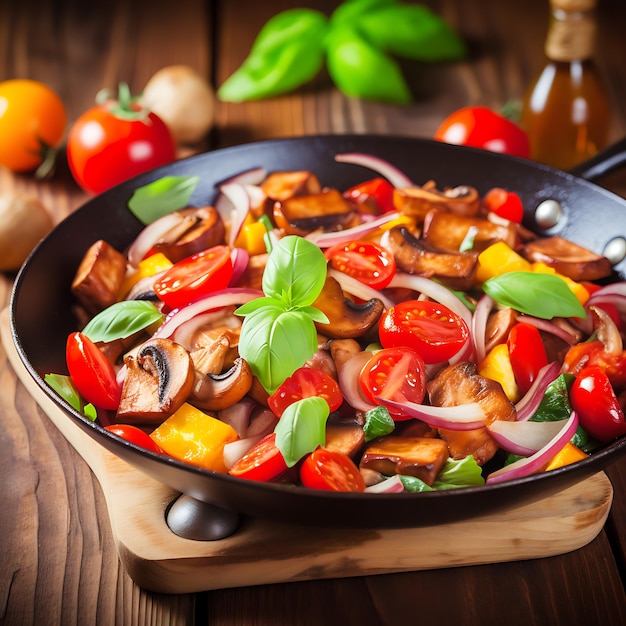 Giornata mondiale dei vegani Miscela di verdure Funghi in padella autentica su sfondo di legno Giornata Mondiale dei vegani