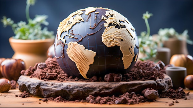 Giornata mondiale del cioccolato Globo di cioccolata circondato da cioccolati di cacao piante di cacao e fagioli di cacao