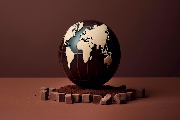 Giornata mondiale del cioccolato Un mappamondo con sopra il mondo è circondato da tavolette di cioccolato