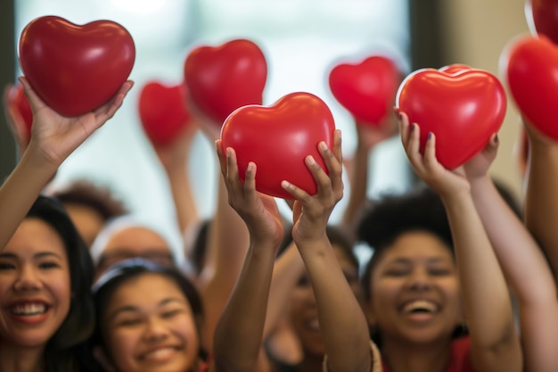 Giornata mondiale del donatore di sangue Folla che celebra con cuori rossi nelle mani sorridendo per una fotografia