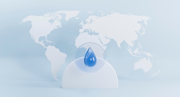 Giornata mondiale dell'acqua Goccia d'acqua su sfondo azzurro Risparmiare acqua per l'ecologia e la conservazione dell'ambiente concept design 3d rendering illustrazione