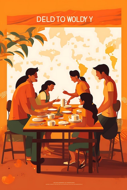 Giornata mondiale dell'alimentazione Famiglia che mangia insieme Giornata internazionale arancione e marrone Arte poster creativa