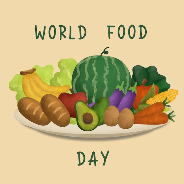 Giornata mondiale dell'alimentazione il 16 ottobre con piatti frutta e verdura illustrazioni vettoriali poster design