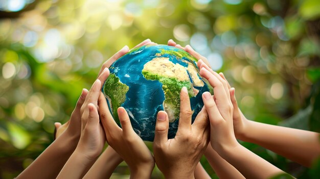 Giornata mondiale dell'ambiente con il team della comunità globale Le mani tengono la mappa del mondo