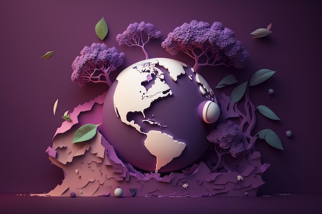 Giornata mondiale dell'ambiente su sfondo viola in stile carta tagliata Giornata della Terra IA generativa