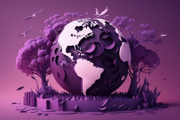 Giornata mondiale dell'ambiente su sfondo viola in stile carta tagliata Giornata della Terra IA generativa
