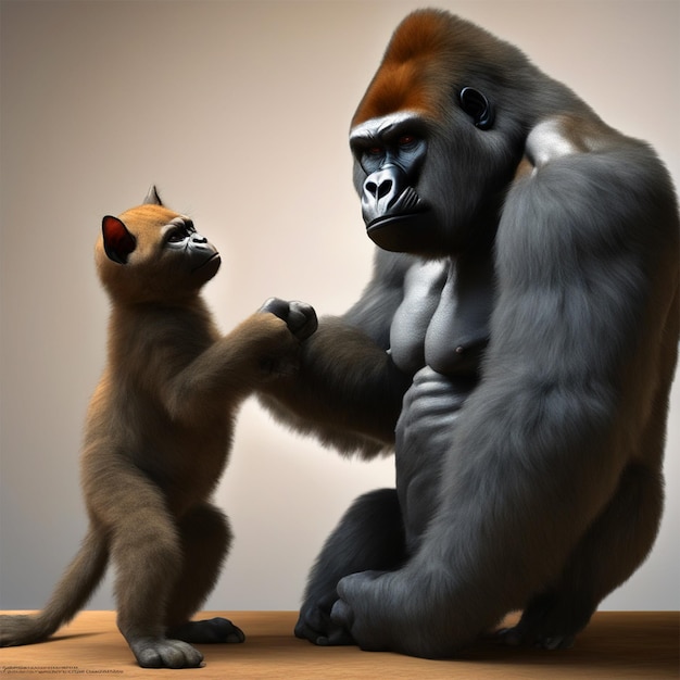 Giornata Mondiale dell'Anima un gorilla realistico e gigantesco che accarezza amorevolmente un piccolo gatto tortie mantenendo