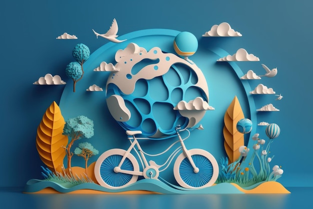 Giornata mondiale della bicicletta su sfondo blu Concetto di bicicletta ecologica IA generativa