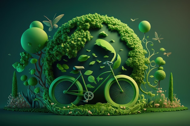 Giornata mondiale della bicicletta su sfondo verde Concetto di bicicletta ecologica IA generativa