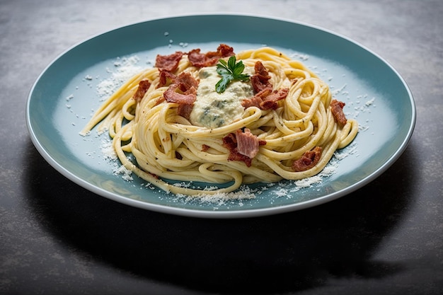 Giornata mondiale della carbonara stile insolito Piatto di pasta vista dall'alto isolato su sfondo nero illustrazione ai generativa