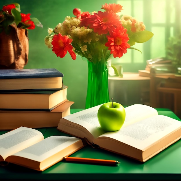 Giornata mondiale della conoscenza un vaso con fiori in un vaso è sul tavolo libri sul tavolo una mela