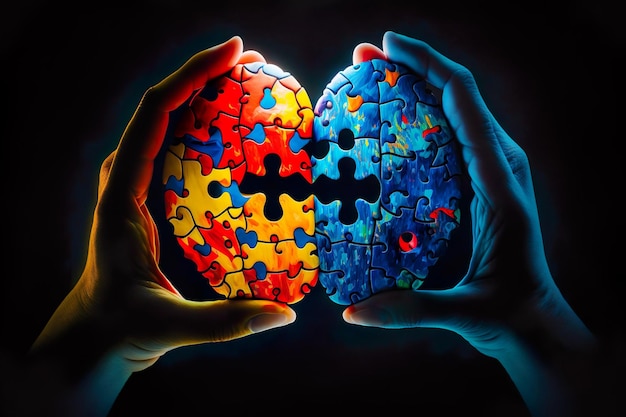 Giornata mondiale della consapevolezza dell'autismo Mani che tengono il cervello fatto da pezzi di puzzle Malattie mentali e cerebrali AI generativa