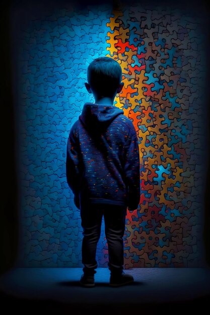 Giornata mondiale della consapevolezza dell'autismo Ragazzino in piedi davanti al muro fatto di pezzi di puzzle Concetto di autismo infantile AI generativa