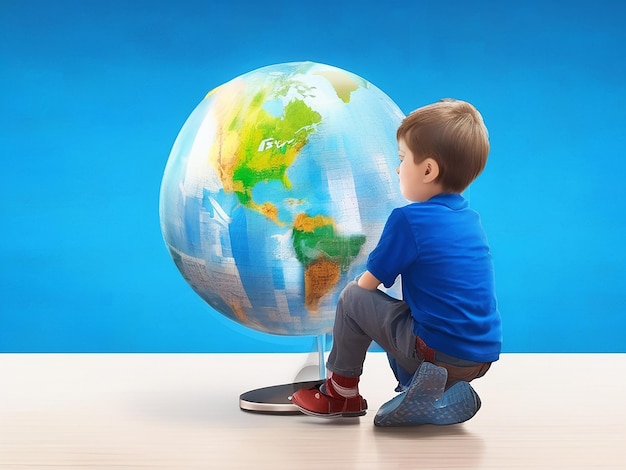 Giornata mondiale della consapevolezza dell'autismo Un ragazzino si trova di fronte a un globo e vede il mondo nel suo modo