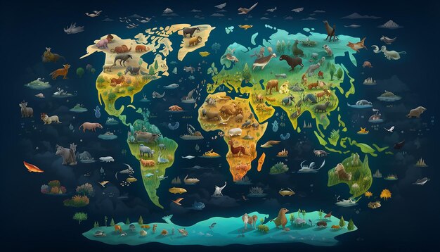 Giornata mondiale della fauna selvatica una mappa del mondo con diverse icone animali