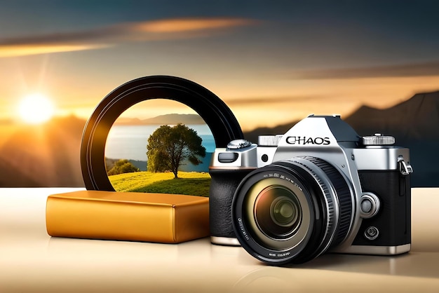 Giornata mondiale della fotografia con fotocamera e strumenti fotografici banner di illustrazione 3D