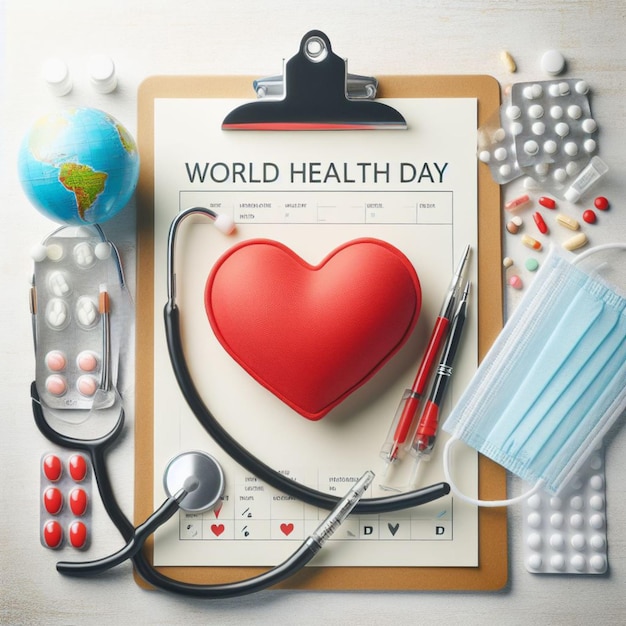 Giornata mondiale della salute Clipboard con stetoscopio Heart Planet Earth maschera medica e pillole in luce